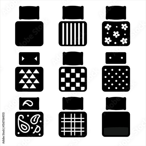 Bedding Patterns Icon Set. Solid, filled icon set of bedding colors and patterns: solid colors, stripes, floral, geometric,