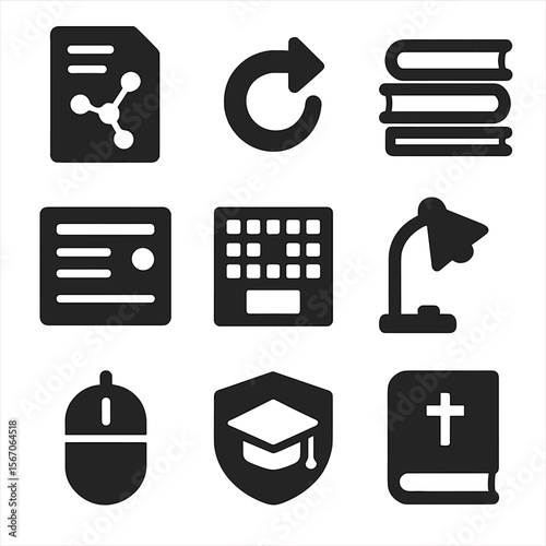 Academic Library Tools Icons. Solid, filled icons set of academic library tools: research paper, citation icon
