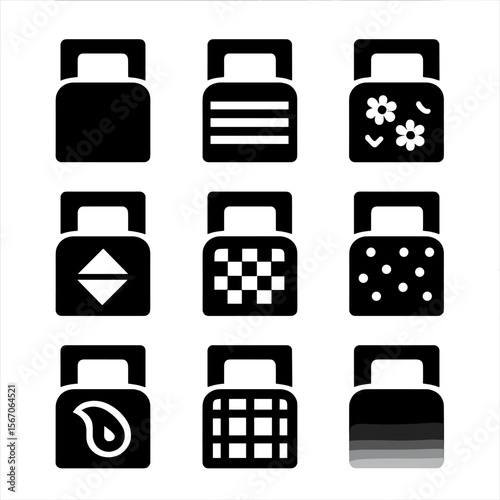 Bedding Patterns Icon Set. Solid, filled icon set of bedding colors and patterns: solid colors, stripes, floral, geometric,