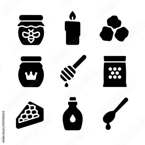 Bee Product Icons. Solid, filled icon set of bee-related products: honey jar, beeswax candle, propolis, royal jelly, honey dipper,