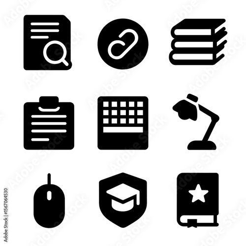 Academic Library Tools Icons. Solid, filled icons set of academic library tools: research paper, citation icon