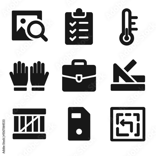 Art Curation Icons. Solid, filled icon set of art curation: magnifier on artwork, collection checklist, temperature sensor,