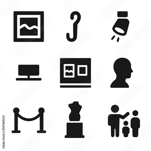 Art Gallery Icon Set. Solid, filled icon set of fine art gallery elements: framed artwork, hanging hook, spotlight, gallery label,
