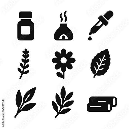 Aromatherapy Essentials Icons. Solid, filled icon set of aromatherapy essentials: essential oil bottle, diffuser, dropper,