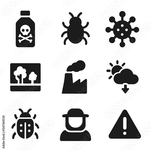 Bee Threat Icons. Solid, filled icon set of bee threats and challenges: pesticide bottle, mite, virus, habitat loss, pollution,