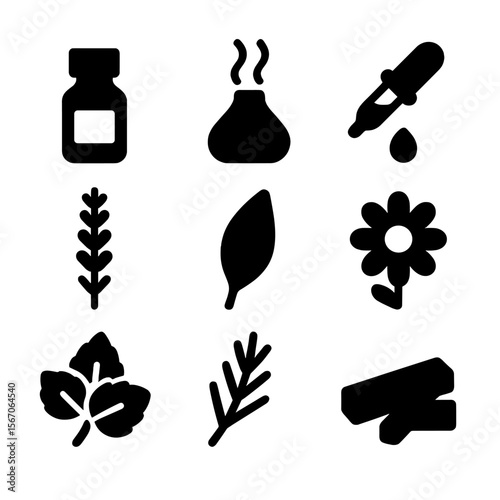 Aromatherapy Essentials Icons. Solid, filled icon set of aromatherapy essentials: essential oil bottle, diffuser, dropper,