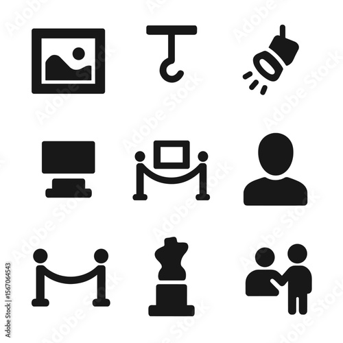Art Gallery Icon Set. Solid, filled icon set of fine art gallery elements: framed artwork, hanging hook, spotlight, gallery label,