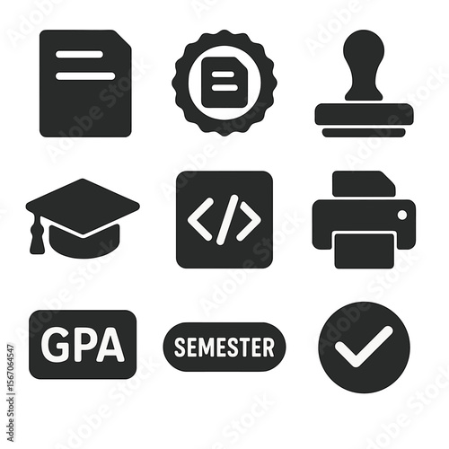 Academic Icons Set. Solid, filled icons set of academic records and transcripts: document icon, transcript