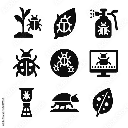 Beetle Agriculture Icons. Solid, filled icon set of beetles in agriculture: crop damage, beetle on leaf, pesticide sprayer,