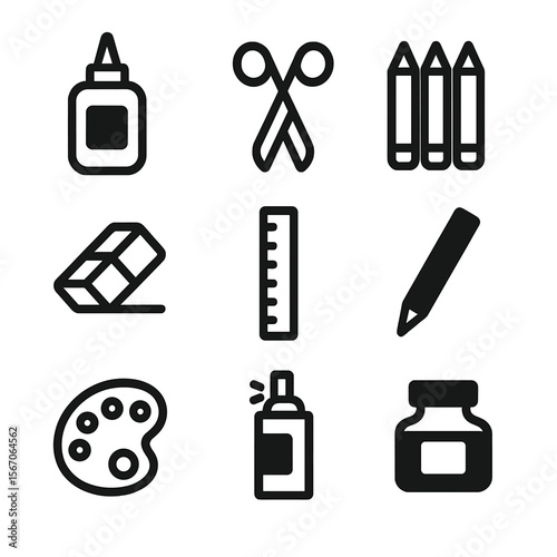 Art Supplies Icons. Solid, filled icon set of art supplies: glue bottle, scissors, colored pencils, eraser, ruler, charcoal, paint