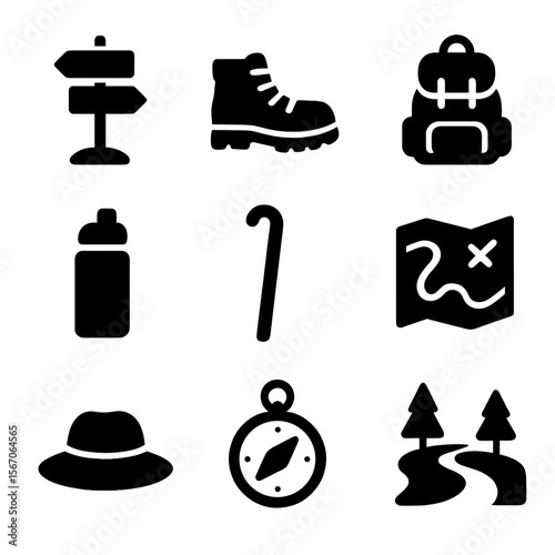 Beginner Hiking Icons. Solid, filled icon set of hiking for beginners: trail sign, hiking boots, backpack, water bottle, walking
