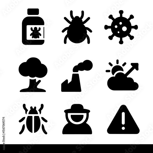 Bee Threat Icons. Solid, filled icon set of bee threats and challenges: pesticide bottle, mite, virus, habitat loss, pollution,