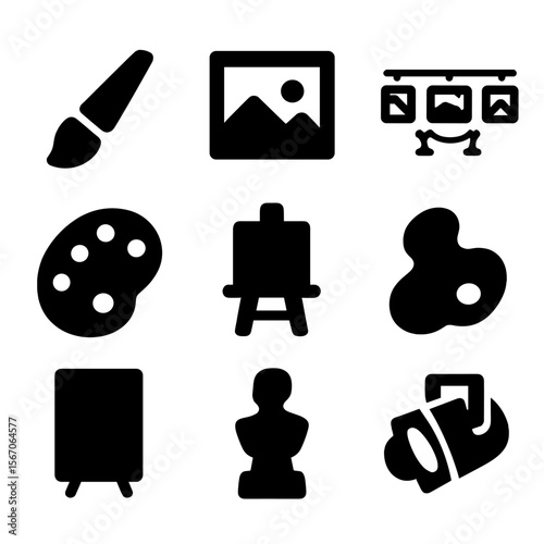 Art Icon Set. Solid, filled icon set of art exhibition poster elements: paintbrush, picture frame, gallery wall, artist palette,