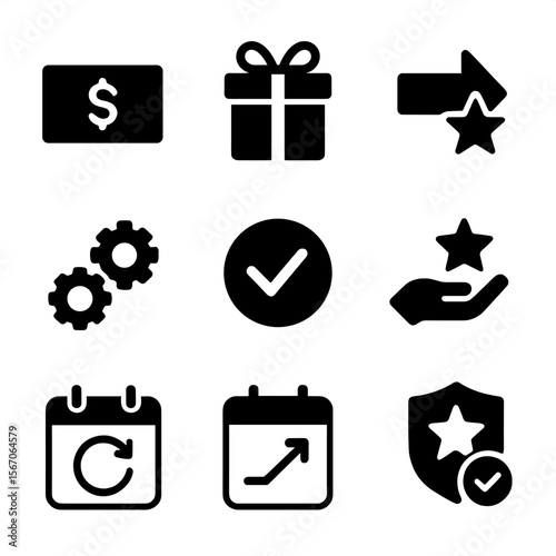 Benefit Icons Grid. Solid, filled icon set of benefit types: monetary, non-monetary, direct, indirect, tangible, intangible, short