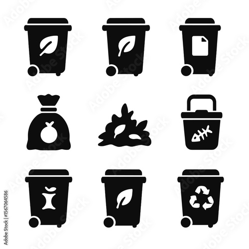 Biodegradable Waste Icons. Solid, filled icon set of biodegradable waste bins: compost bin, green waste bin, paper recycling bin,