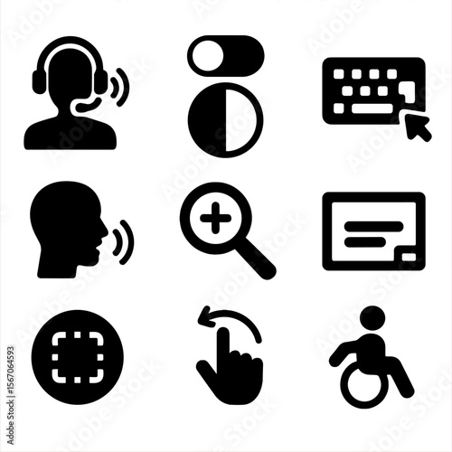 Accessibility Icons Grid. Solid, filled icons set of accessibility microinteractions: screen reader, high
