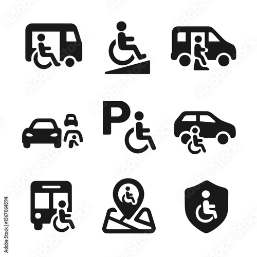 Accessible Transport Icons. Solid, filled icons set of accessible transportation to events: accessible shuttle