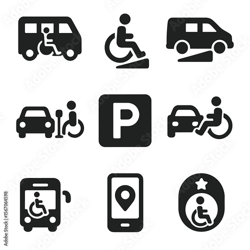 Accessible Transport Icons. Solid, filled icons set of accessible transportation to events: accessible shuttle