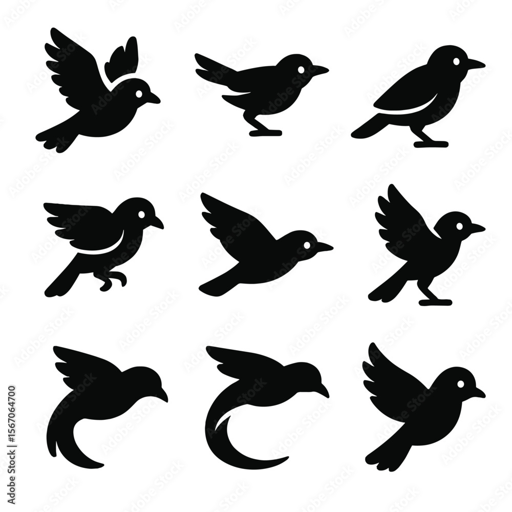 Fototapeta premium Bird Movement Icons. Solid, filled icon set of bird movement gestures: wingbeat, tail flick, head forward, talon tuck, angled