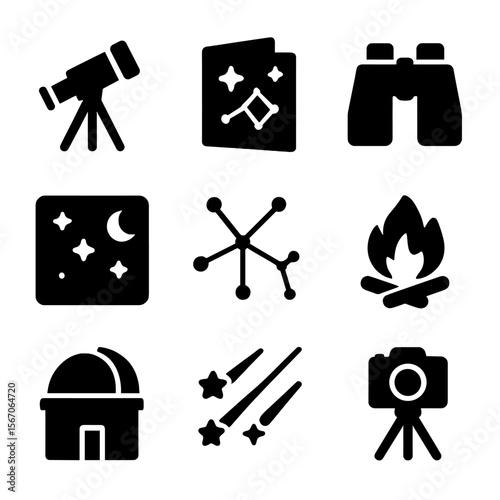 Astrotourism Icon Set. Solid, filled icon set of astrotourism essentials: telescope, star map, binoculars, night sky,