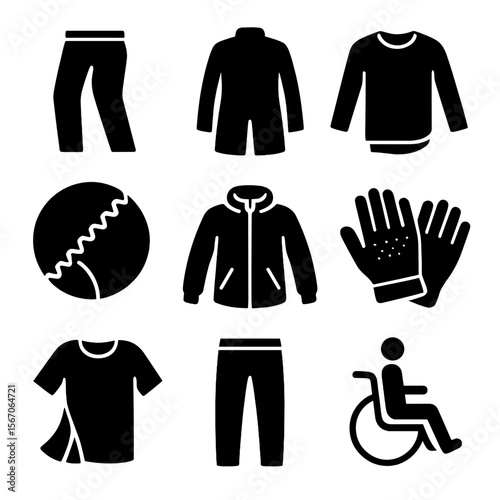 Adaptive Clothing Icons. Solid, filled icons set of clothing for wheelchair users: seated-fit pants, rear-slit