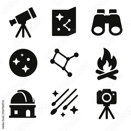 Astrotourism Icon Set. Solid, filled icon set of astrotourism essentials: telescope, star map, binoculars, night sky,