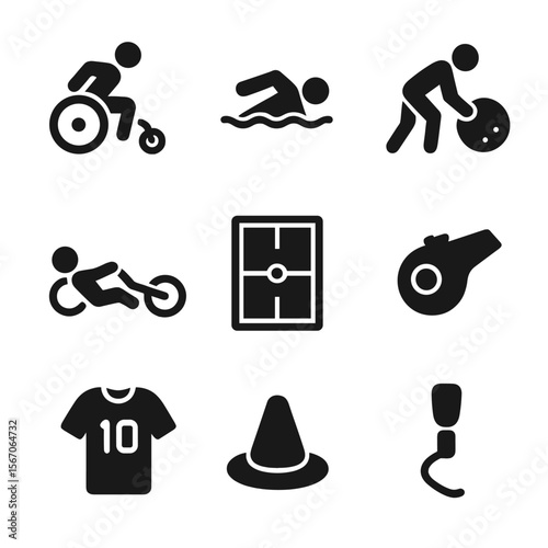 Adaptive Sports Icons. Solid, filled icons set of adaptive sports training: wheelchair racer, para swimmer,