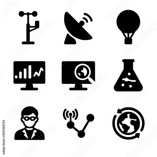 Atmospheric Research Icons. Solid, filled icon set of atmospheric research: weather station, satellite dish, research balloon,