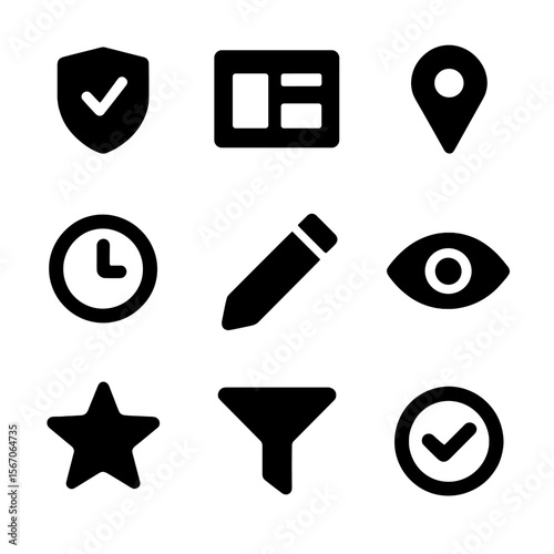 Admin Tools Icons. Solid, filled icons set of admin tools for featured content: moderation badge, dashboard
