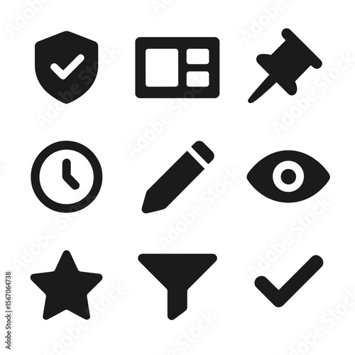 Admin Tools Icons. Solid, filled icons set of admin tools for featured content: moderation badge, dashboard