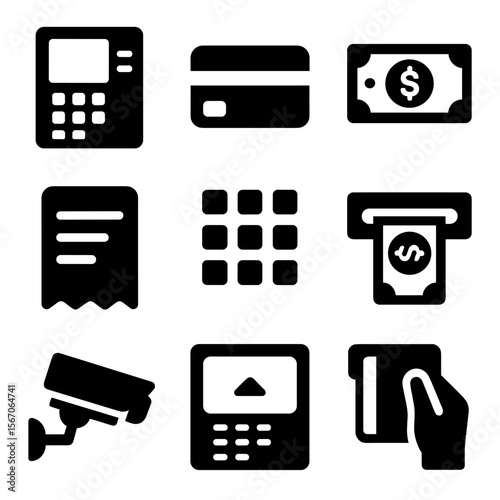 ATM Icon Set. Solid, filled icon set of depositing money in ATM: ATM machine, bank card, cash bills, receipt, keypad, screen