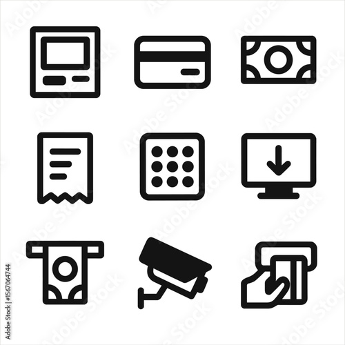 ATM Icon Set. Solid, filled icon set of depositing money in ATM: ATM machine, bank card, cash bills, receipt, keypad, screen
