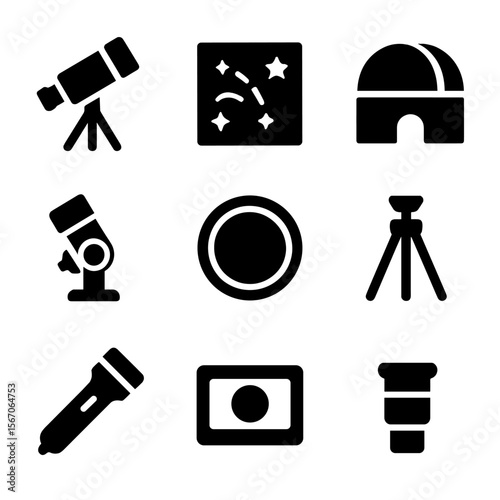 Astronomy Tools Icons. Solid, filled icon set of astronomy tools: telescope, star map, observatory dome, sky tracker, lens filter,