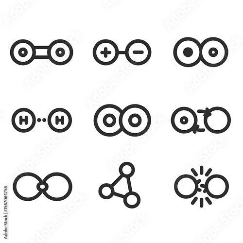Atomic Interaction Icons. Solid, filled icon set of atomic interactions: electron sharing, ionic bond, covalent bond, hydrogen