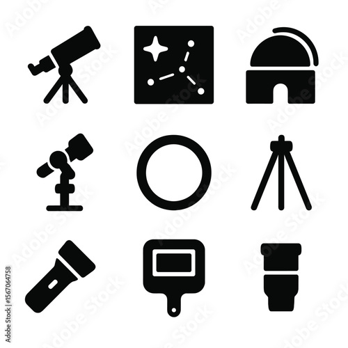 Astronomy Tools Icons. Solid, filled icon set of astronomy tools: telescope, star map, observatory dome, sky tracker, lens filter,
