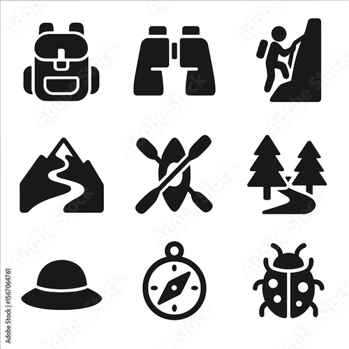 Adventure Icons Set. Solid, filled icons set of adventure and exploration: backpack icon, binoculars, mountain