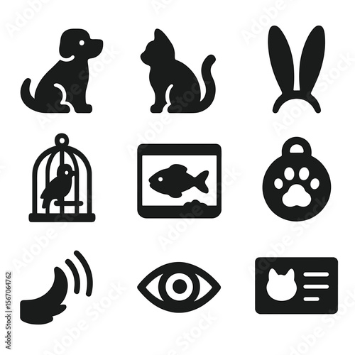 Adoptable Pets Icons. Solid, filled icons set of adoptable pets: dog icon, cat silhouette, rabbit ears, bird