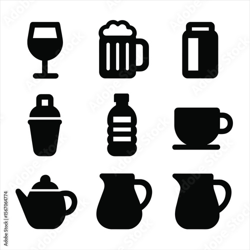 Black Drink Icons. Solid, filled icon set of Drinks and beverages: wine glass, beer mug, soda can, juice carton, cocktail shaker,