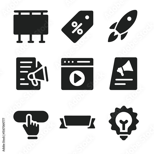 Advertising Icons Grid. Solid, filled icons set of advertising and promotions: billboard icon, discount tag,