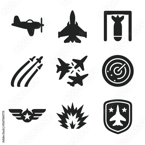 Aerial Combat Icon Set. Solid, filled icons set of aerial combat history: propeller plane, jet fighter, bomb