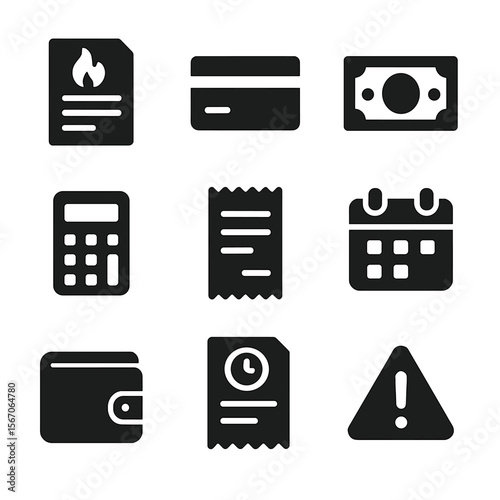 Black Financial Icons. Solid, filled icon set of bills and expenses: utility bill, credit card, cash, calculator, receipt,