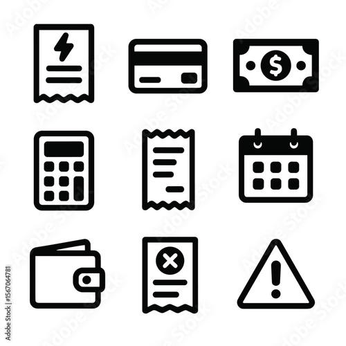 Black Financial Icons. Solid, filled icon set of bills and expenses: utility bill, credit card, cash, calculator, receipt,