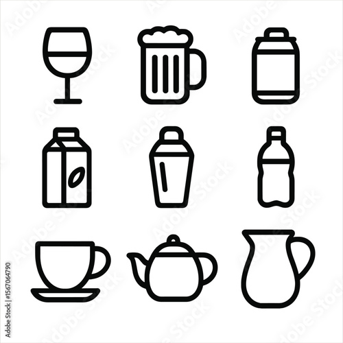 Black Drink Icons. Solid, filled icon set of Drinks and beverages: wine glass, beer mug, soda can, juice carton, cocktail shaker,