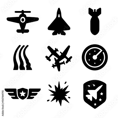 Aerial Combat Icon Set. Solid, filled icons set of aerial combat history: propeller plane, jet fighter, bomb