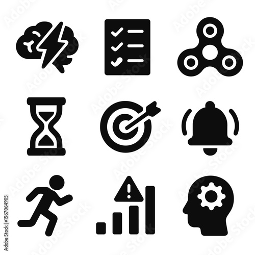 ADHD Awareness Icon Set. Solid, filled icon set of ADHD awareness: lightning brain, task list, fidget spinner, hourglass, focus
