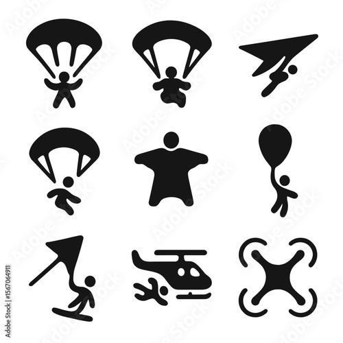 Aerial Sports Icons. Solid, filled icon set of aerial sports symbols: skydiver, paraglider, hang glider, speed flyer, wingsuit
