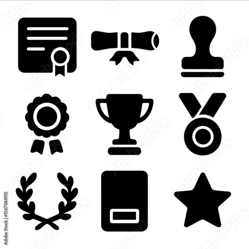 Award Icons Grid. Solid, filled icon set of official documents and awards: certificate, diploma scroll, seal stamp, ribbon, trophy