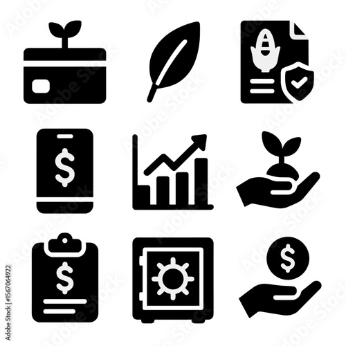 Agri-Fintech Icon Set. Solid, filled icons set of agri-fintech tools: farm credit card, investment leaf,