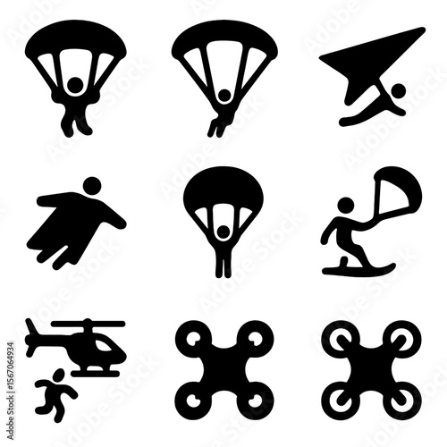 Aerial Sports Icons. Solid, filled icon set of aerial sports symbols: skydiver, paraglider, hang glider, speed flyer, wingsuit