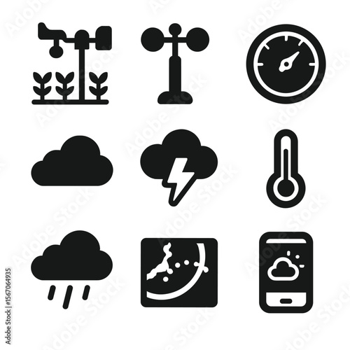 Agricultural Weather Icons. Solid, filled icons set of agricultural weather monitoring: weather station,